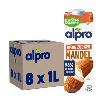 Alpro Mandeldrink Ohne Zucker – Quelle von Calcium und Vitaminen – Zuckerfrei, glutenfrei, fettarm, ohne Laktose, vegan und milchfrei – 8 x 1 L – Haltbar